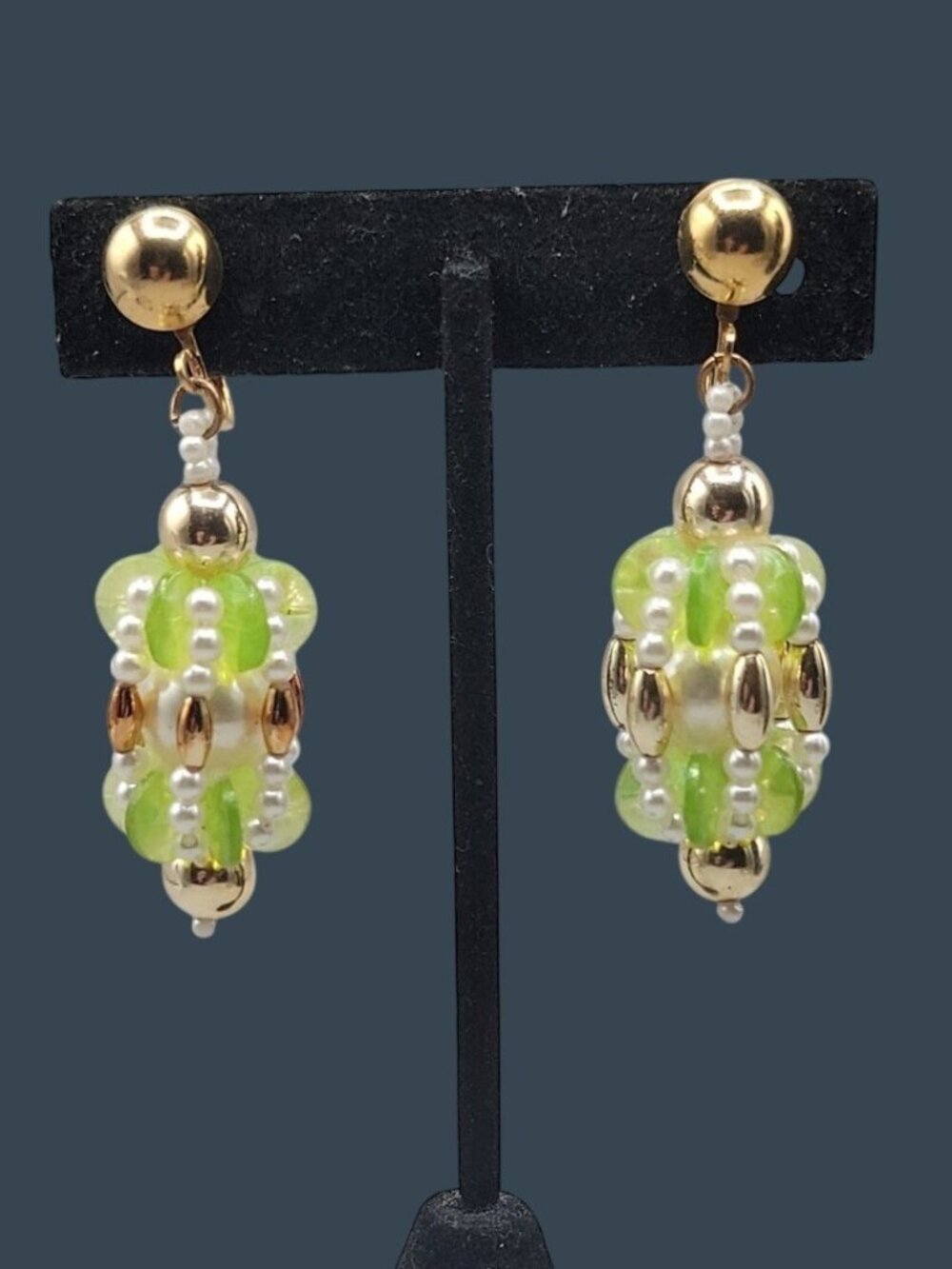 Vintage Bead Faux Pearl Lantern Dangle Clip On Earrings